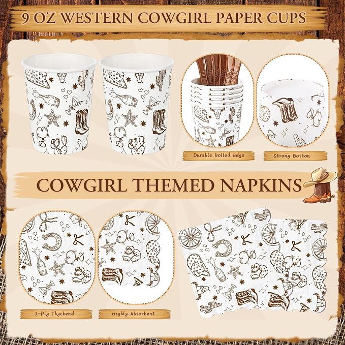 Honeydak 210 Pcs Western Cowboy Party Supplies for 30 Guests Single Western Cowgirl Birthday Plates Napkins Cup and Forks Tableware for First Rodeo Birthday Decorations