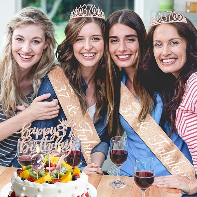 37th Birthday Decorations for Women, Including 37th Birthday Sash and Tiara, Cake Topper and Candles, Number Balloons, 37 Year Old Gifts for Women