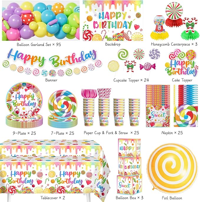 281pcs Candyland Party Decorations, All-in-One Party Pack for 25 Guests, with Balloon Arch, No-DIY Banner, Thick Plates and Napkins, Tablecloths, Easy Setup for Candy Birthday Party