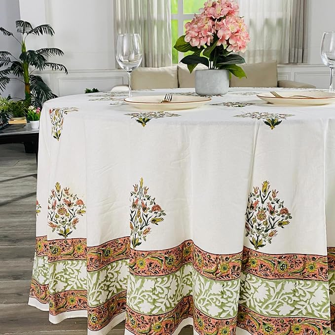 Ridhi Round Tablecloth Hand Block Print 100% Cotton Reusable Sage Green Salmon Pink 132 Inch Table Cover Decorative Everyday Use for Dining, Home, Party, Wedding, Farmhouse Gift Spring, Mother's Day