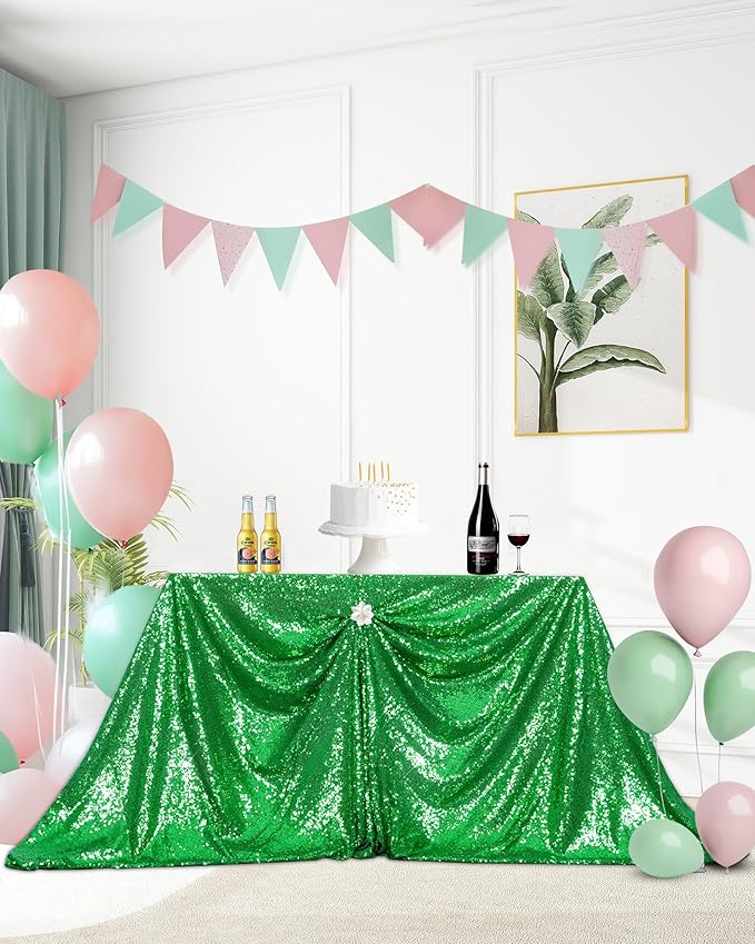 PartyDelight Green Sequin Tablecloth 60x102 Inch Rectangle Table Cloth Glitter for Party Baby Shower Christmas Decorations