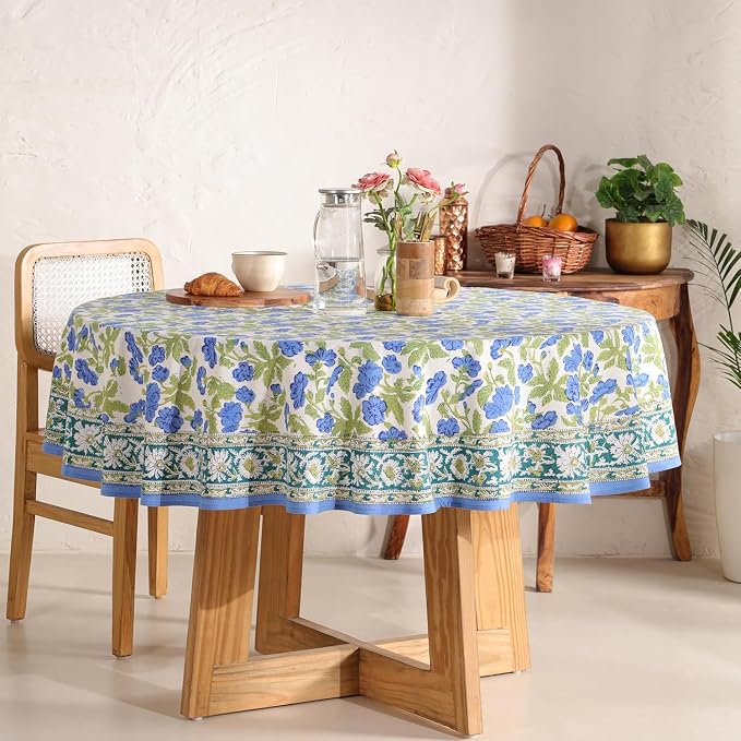 Hand Block Printed Tablecloth – Colorful Floral Print | 100% Cotton | Indian Artisan Handmade Art | Dining Room, Kitchen, Outdoor Décor, (Dusky Leaf Whisper, 6 Seater 72 Inches Round)