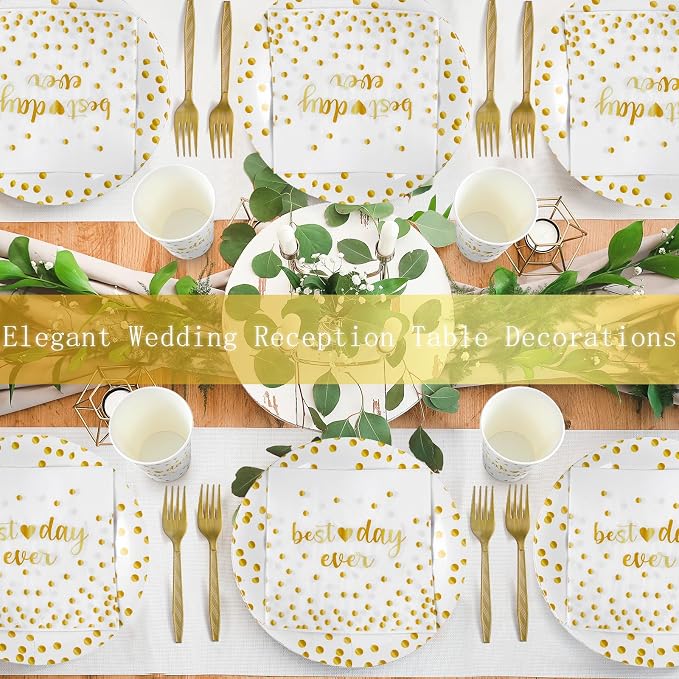 MotiMind 120 Pcs Best Day Ever Wedding Tableware Set Wedding Reception Party Supplies Beverage Table Decorations White and Gold Dot Paper Plates, Cups, Napkins, Forks for 24 Guests