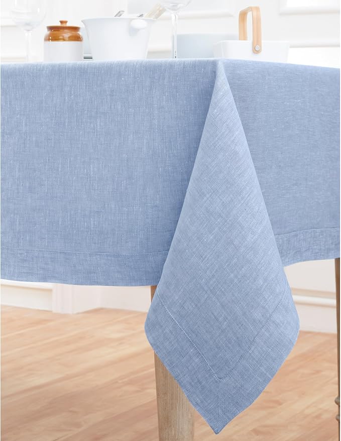 Solino Home Linen Tablecloth 60 x 120 Inch - 100% Pure Linen Chambray Blue Table Cloth for Rectangle Tables - Athena, Machine Washable Tablecloth for Summer