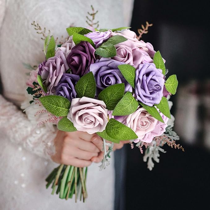 100 Pcs Artificial Foam Rose Flower Faux Bouquet Wedding Fake Rose Gift for Mother's Day Women DIY Bridal Shower Party Table Birthday Home Spring Decor (Gradient Light Purple)