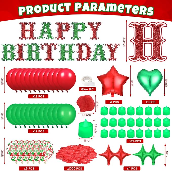 Red Green Happy Birthday Balloons Decorations Christmas Birthday Balloon Letters Banner with 6 Pcs Star Balloons Artificial Rose Petal 24 Flameless LED Candles for Room Hotel Party Supplies