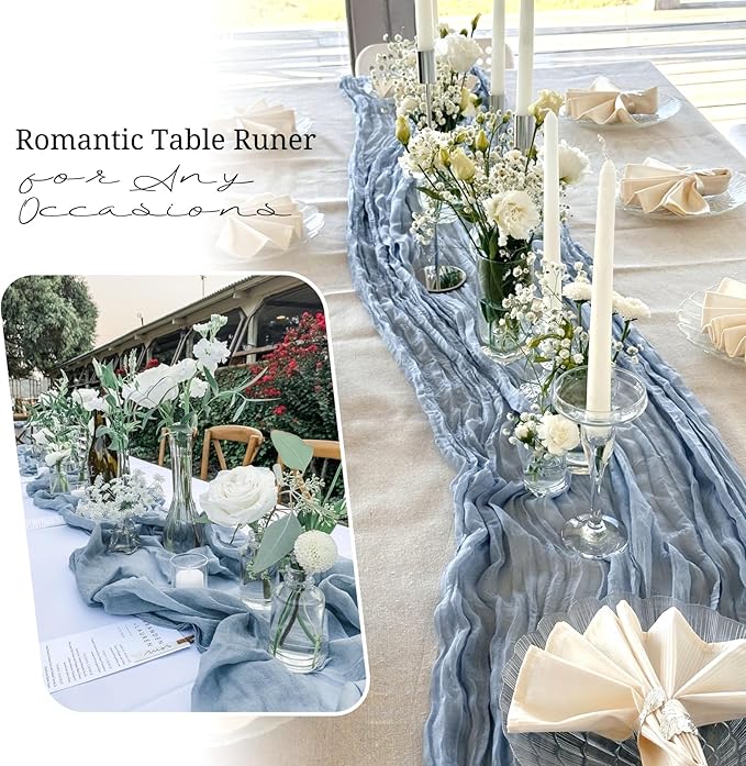 10 Pack Dusty Blue Cheesecloth Table Runner 17x108 Inch Semi Sheer Boho Gauze Cheese Cloth Table Runners, for Wedding Bridal Shower Birthday Party Home Decor Garden Farmhouse