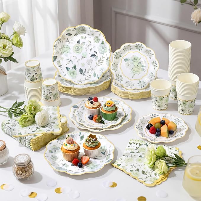Funnymoom 250 Pcs Floral Party Decorations Flower Paper Plates Napkins and Cups Green and Gold Floral Disposable Tableware Set for Bridal Shower Baby Shower Wedding Spring Tea Party Supplies Serves 50
