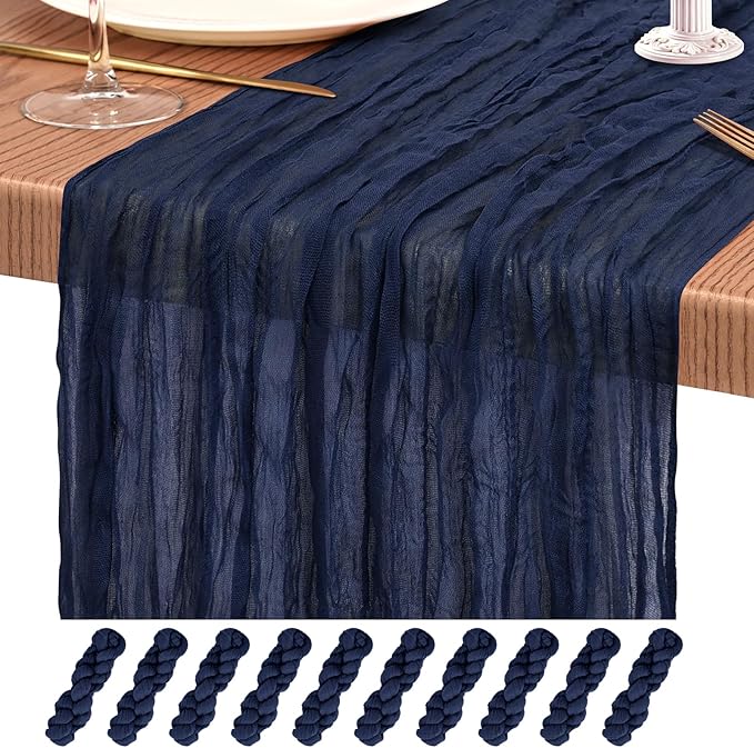 10 Pack Navy Blue Cheesecloth Table Runner 10FT Boho Gauze Cheese Cloth Table Runners Romantic Rustic Sheer Table Decorations for Wedding Party Baby Shower Birthday Holiday Home