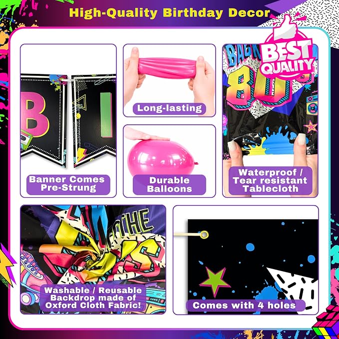 Premium 80s Party Decorations, Back to the 80s Birthday Party Decorations with Fabric Backdrop, Tattoos, Balloon Garland, Banner, Table Decor, Photo Props, Cake Toppers for Birthday Party, and More