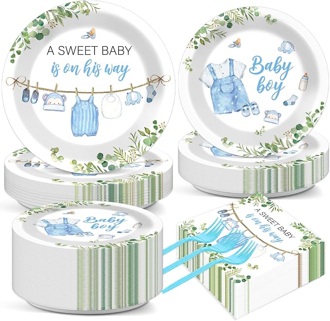 200Pcs Greenery Baby Shower Plates and Napkins Decoration Watercolor Blue Party Tableware Dinnerware Set A Sweet Boy Is On His Way Paper Plates for Baby Boy Gender Reveal Party Supplies Serve 50