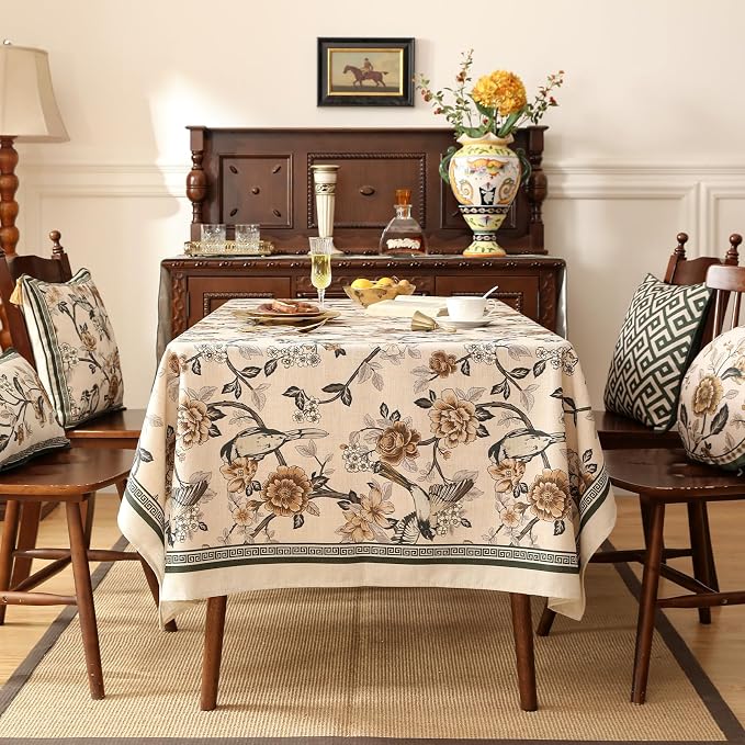 ISAENNE Designer Vintage Linen Long Tablecloth Rectangular,118"x67"-Murad A | French Elegant Extra Long Table Cloth for Rectangle Table,Floral and Bird Pattern for Dining Kitchen Thanksgiving,Decor