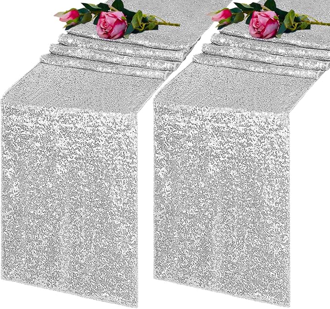 2 Pack Silver Sequin Table Runner 12x72 Inch, High Density Sparkly Glitter Table Runners for Wedding Reception, Birthday Party, Banquet, Baby Shower, Silver Metallic Shimmering Decor