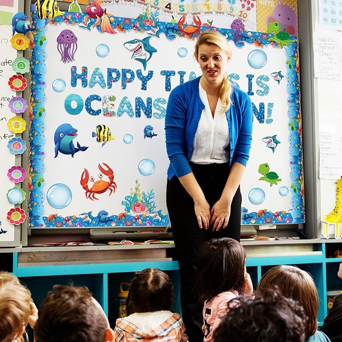 Kosiz Ocean Bulletin Board Decoration Set 118 ft Under The Sea Bulletin Board Borders Colorful Classroom Poster Border Trim with 257 Pcs Letter Number Symbol Cutout for School Decor