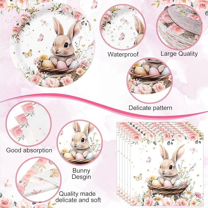 452 Pcs Bunny Birthday Party Decorations for 50 Guests, Pink Floral Bunny Paper Plates and Napkins Cups Cutlery Rabbit Disposable Tableware Set for Spring Baby Shower Birthday Supplies