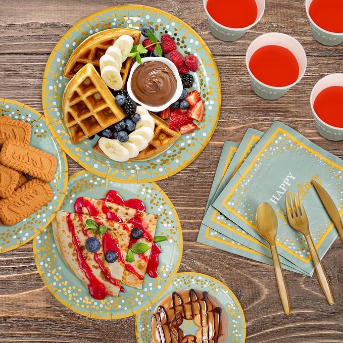 Sage Green and Gold Party Supplies 140 Pieces Happy Birthday Dinnerware - Sage Green Paper Plates, Napkins, Cups, Gold Plastic Forks, Knives, Spoons for Baby Shower Birthday Party Decoration