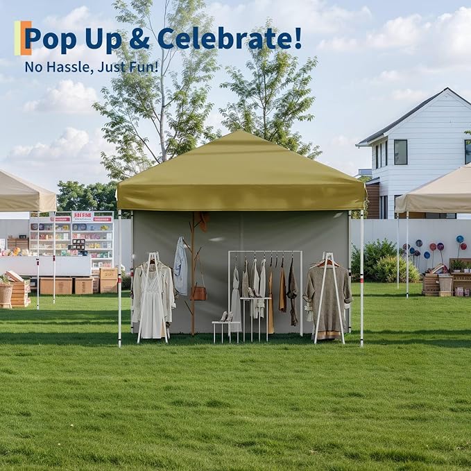GarveeLife 10x10 Pop Up Canopy with One Sidewalls Easy Up Camping Tent with One Button Push Setup 1 Roller Bag 3 Adjustable Height 4 Weight Bags (Khaki)