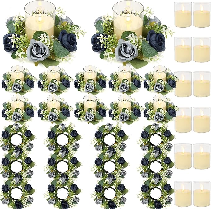 Blue Rose Candle Rings with Flameless Candles Sets - 24PCS Artificial Flower Eucalyptus Wedding Centerpiece 3 Inch Pillar Candleholders Wreaths for Wedding Party Decor (Blue - 12 Sets)