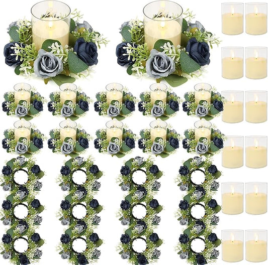 Blue Rose Candle Rings with Flameless Candles Sets - 24PCS Artificial Flower Eucalyptus Wedding Centerpiece 3 Inch Pillar Candleholders Wreaths for Wedding Party Decor (Blue - 12 Sets)