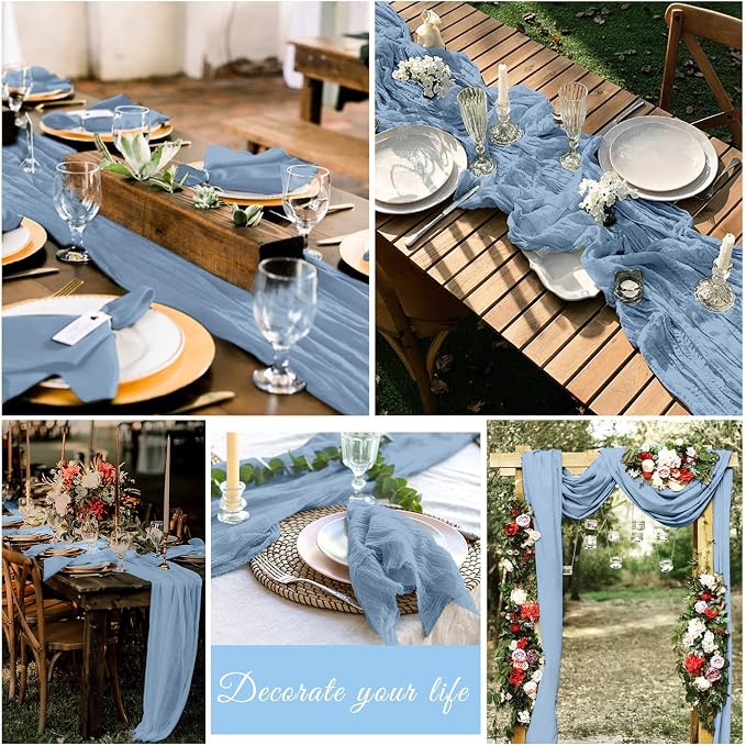 20 Pack Cheesecloth Table Runner 17 x 108 inch Long Boho Gauze Table Runners Semi Sheer Table Runner for Wedding Decor, Baby Shower, Birthday Party, Banquet (Dusty Blue)