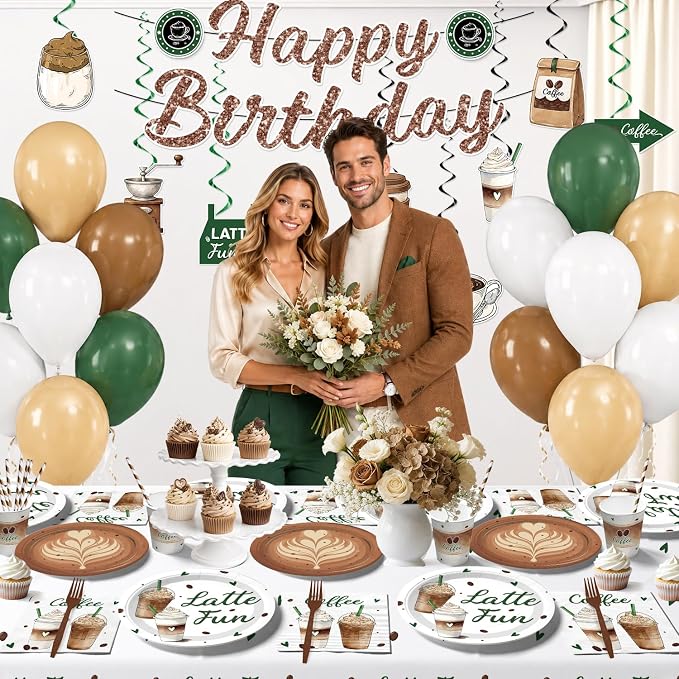 213pcs Coffee Birthday Decorations, Serves 25 People, Includes Pre-Strung Banner, Heavy-Duty 350gsm Paper Plates, Waterproof & Oil-Proof Disposable Plastic Tablecloths