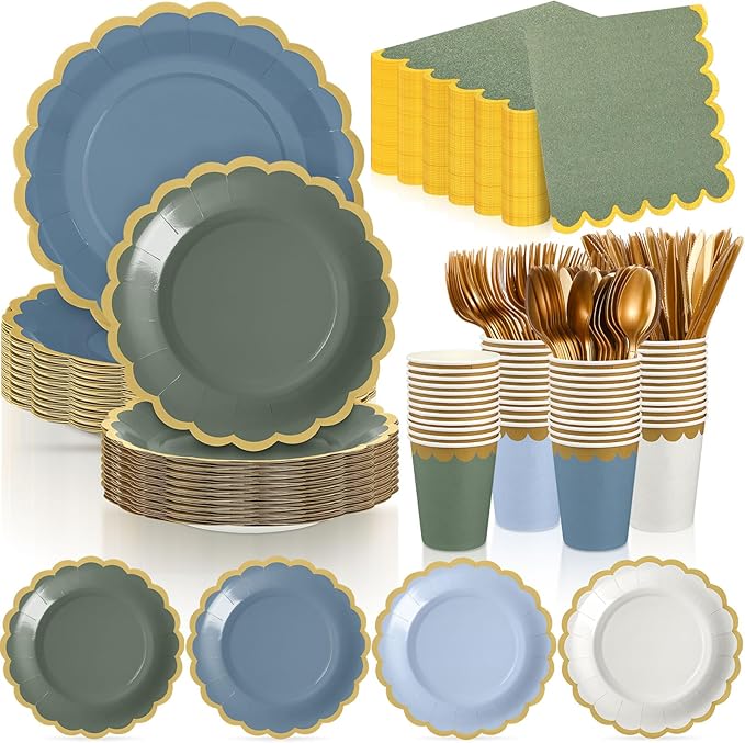 Mimorou 338 Pcs Blue and Sage Green Plates and Napkins Party Supplies for Guests Dusty Blue Tableware Include Scalloped Plates Paper Napkin Cup Spoon Fork Knife for Baby Shower, Wedding, Birthday