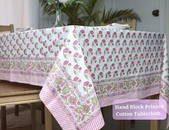 Block Print Table Cloth- 60x108 Inch Rectangle 100% Cotton Handmade Pre-Shrink, Washable for Spring, Kitchen & Dining Perfect for Patio, Indoor & Outdoor, Farmhouse