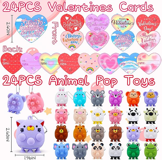 Valentines Day Cards for Kids School , 24PCS Animal Pop Suction Toys with Valentines Cards for Kids Classroom, Valentines Party Favors for Boys Girls