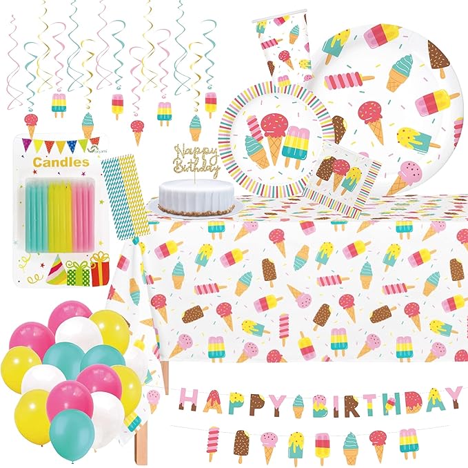 Serves 24 Complete Ice Cream Party Supplies Includes Plates Napkins, Table Covers, Balloons, Swirls, Happy Birthday Banner, Cake Topper, Candles, Straws Ideal for Ice Cream Popsicle Theme Party