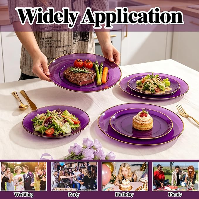 YOUBET 125PCS Purple Plastic Plates - Purple Disposable Plates With Gold Rim - Include 50 Dinner & Dessert Plate, 75 Gold Cutlery Perfect for Wedding Parties & Party