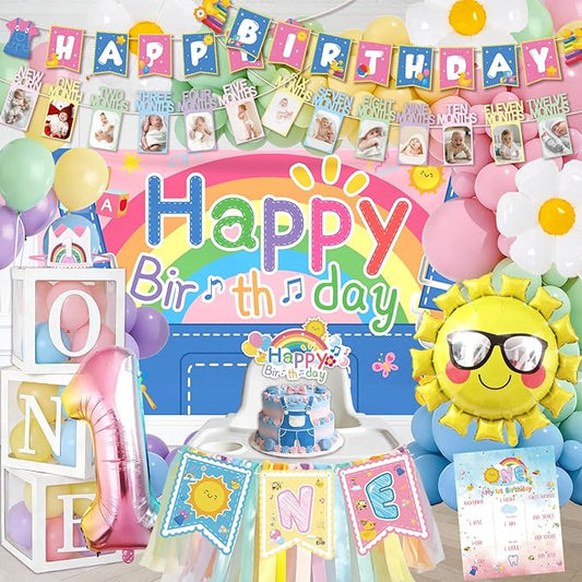 135 pcs Rachell English Teacher Party Supplies, 1st Birthday Decorations Girl & Boy, Photo Banner Balloons Poster Crown High Chair Banner Cake Topper Cartoon Theme Backdrop for Kids Birthday Decor