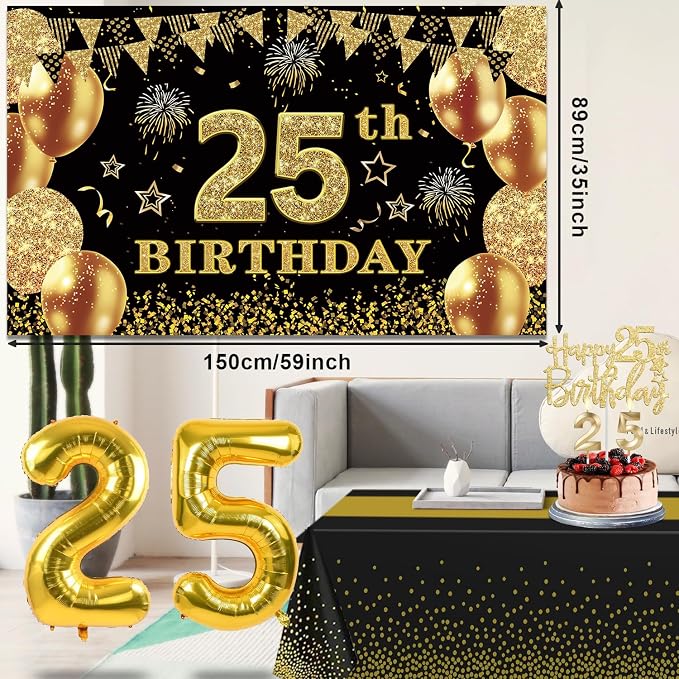 25th Birthday Decorations Men Women with 25th Birthday Banner, Black and Gold Table Cloth, Number Balloons, Large Sash, Cake Topper and Candles