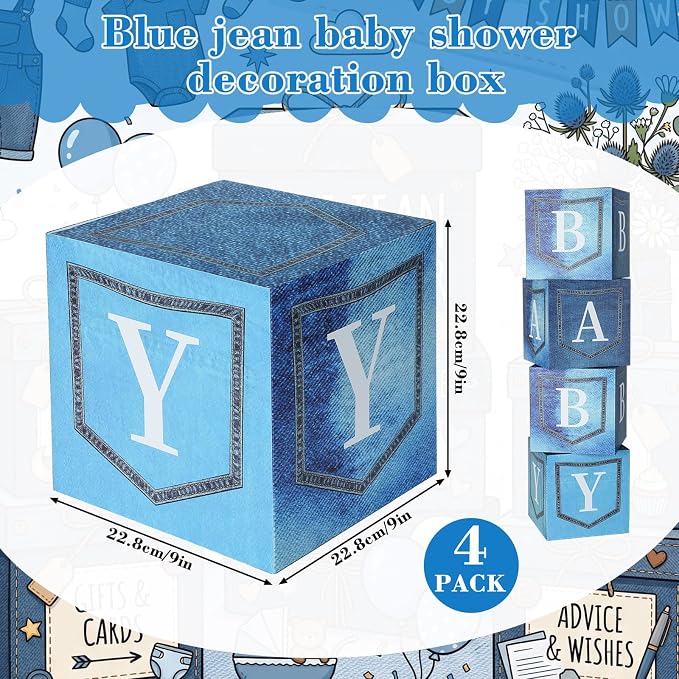 Qunclay 4 Set Blue Jean Baby Shower Decorations Party Boxes with Letters Stackable for Denim Baby Shower Decorations Gender Reveal Decoration Photo Prop Cowboy Country Nursery Decor