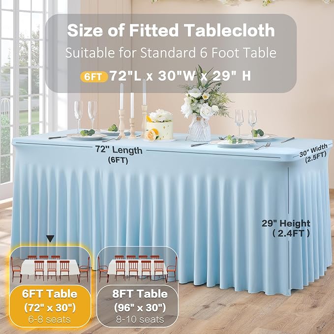 2Pack Baby Blue Spandex Table Clothes for 6 Foot Rectangle Tables, Fitted Table Cover 6ft Stretch Tablecloths Desk Skirt for Parties Weddings Birthday Banquet Baby Shower
