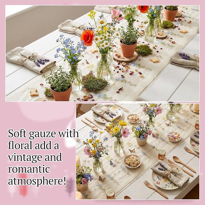 Lounsweer Apricot Wildflower Table Runner 10ft Embroidery Tulle Spring Floral Table Runner Seasonal Summer Butterfly Kitchen Dining Gauze Decoration for Wedding Baby Shower Birthday Party