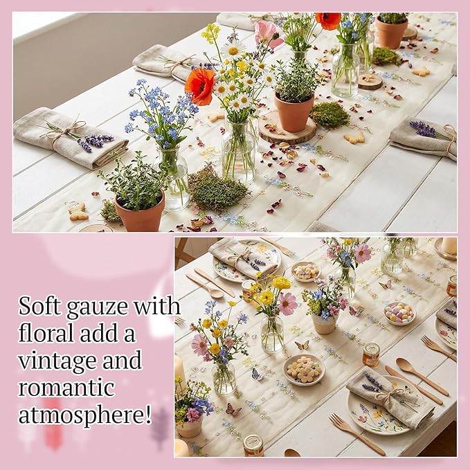 Lounsweer 3 Pcs Apricot Wildflower Table Runner 10ft Embroidery Tulle Spring Floral Table Runner Seasonal Summer Butterfly Kitchen Dining Gauze Decoration for Wedding Baby Shower Birthday Party