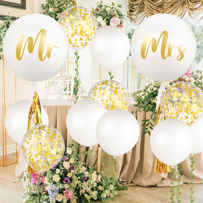 Wettarn 15 Pcs Giant Wedding Decor Kit 36 Inch Jumbo White Mr. Mrs. Balloons with Paper Tassel 24 Inch White Large Married Balloons with 65ft Leaf Ribbon for Wedding Engagement Party Decorations
