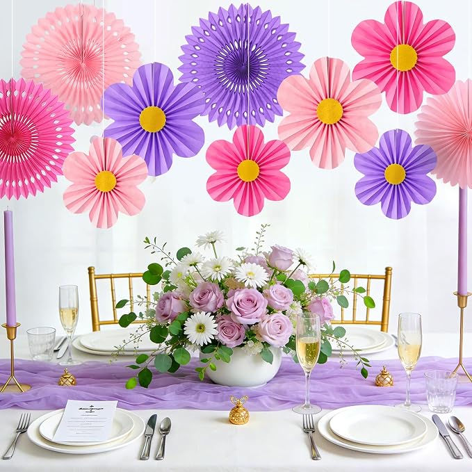 Pink Purple Party Decorations, 12PCS Hanging Paper Fans Flower Wall Backdrop for Wedding, Birthday, Baby Shower, Bridal Shower, Nursery, Indoor Outdoor Classroom Decor
