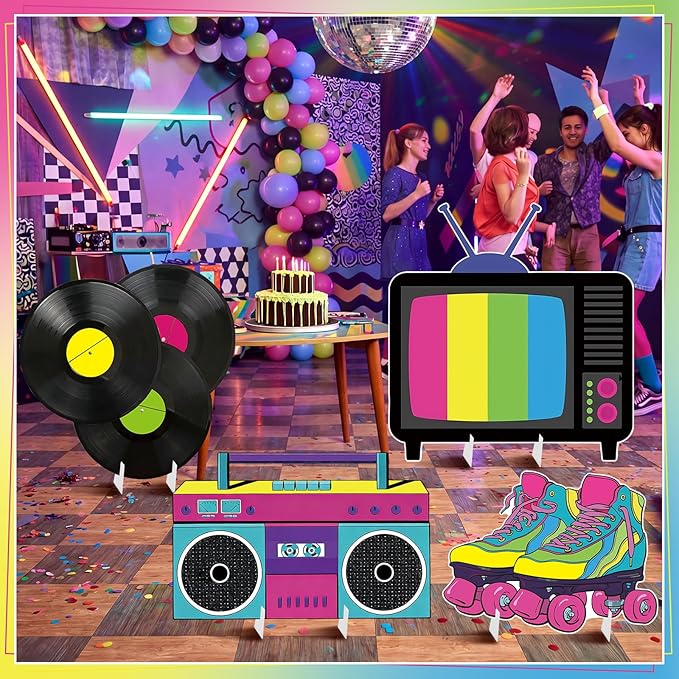 4 Pcs Large 80s Birthday Party Decoration, 23.62 Inch 1980s 90s Party Cardboard Cutout Retro Birthday Decoration for Themed Lawn Classroom Tv, Roller Skates, Radio, Records Yard Decor