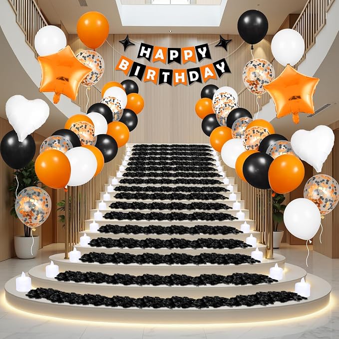Orange Birthday Balloons Decorations Orange Black and White Halloween Birthday Balloon Letters Banner with 6Pcs Star Balloons Artificial Rose Petal 24 Flameless LED Candles for Halloween Bday Decor