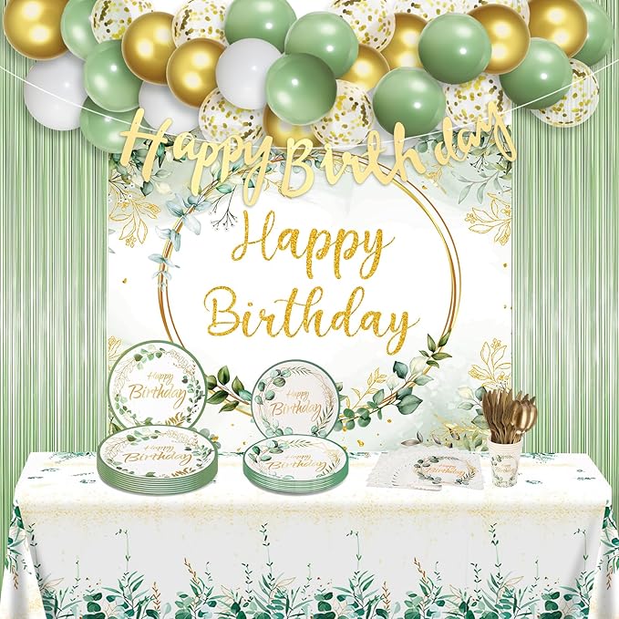 Sage Green Birthday Decorations 118PCS Olive Green Happy Birthday Banner Backdrop Balloons Garland Arch Kit Tablecloth Greenery Gold Plates and Napkins Party Supplies for Women Girls Baby Shower Decor