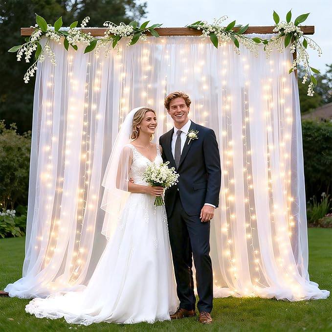 Ledido 3 Pack 10×10ft Blue Tulle Backdrop Curtains with Lights String - 900LED Fairy Lights Sheer Curtain Backdrop for Wedding Baby Shower Photo Shoot Birthday Party Decoration(6 Panels 5×10ft)，Blue