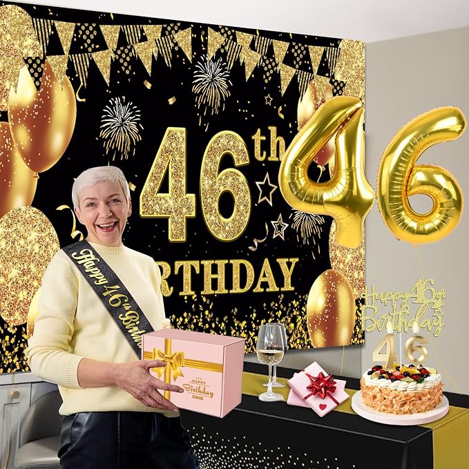 46th Birthday Decorations Men Women with 46th Birthday Banner, Black and Gold Table Cloth, Number Balloons, Large Sash, Cake Topper and Candles