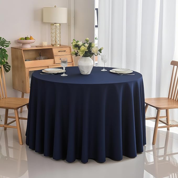2-Pack Round 120-inch Navy Blue Table Cloths, Solid Stain and Wrinkle Resistant Circular Tablecloth, Premium Plain Weave Polyester Fabric Table Linen Covers for Hotel, Banquet