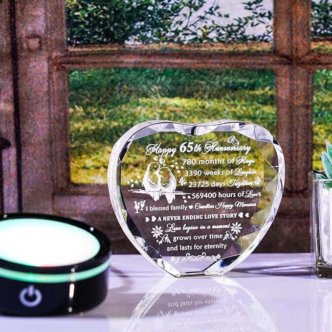 YWHL 65th Wedding Anniversary Crystal Heart Gifts for Parents Couples with LED Base Laser Engraved Happy 65 Years Anniversary Keepsake Gift for Husband Wife 65 Years of Marriage Gifts for Her Him