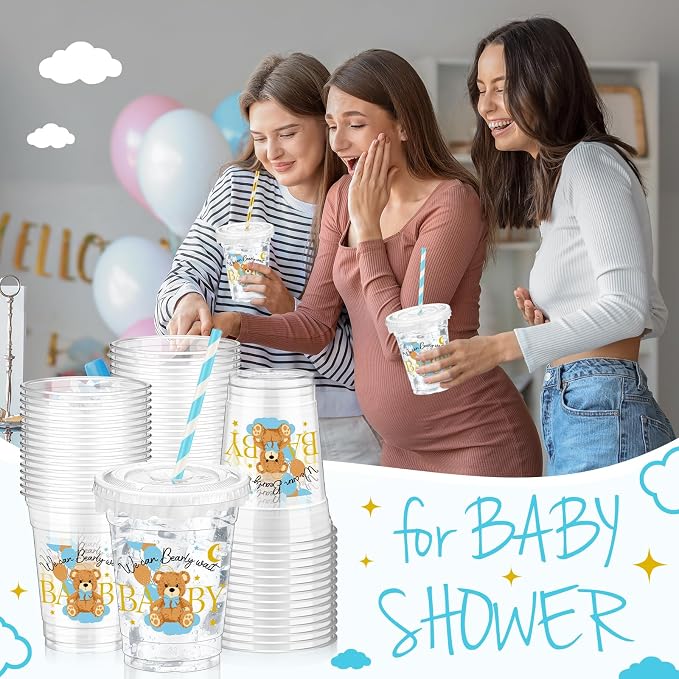 FoldTier 50 Pcs Baby Shower Party Supplies Disposable Plastic Cup 12 oz Blue Bear Cups Thick Clear Mug Blue Lids Straws Baby Shower Table Decorations Party Favors