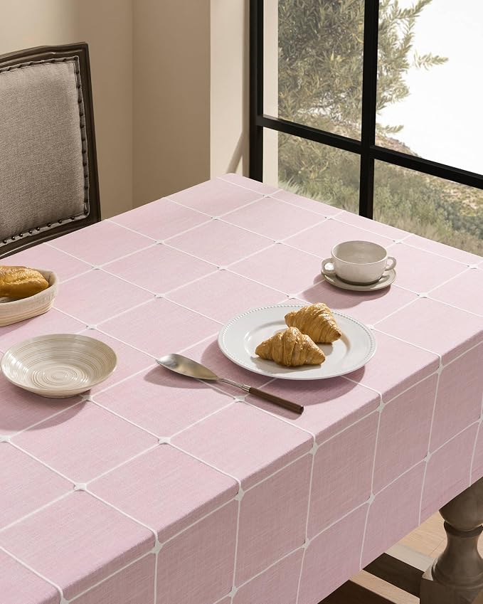 ZeeMart Grid Embroidered Hemmed Tablecloths, Pink 52x70 Inch, Farmhouse Style Heavy Weight Cotton Linen Pink Tablecloths, Boho Plaid Water Resistant Rectangle Table Cloth