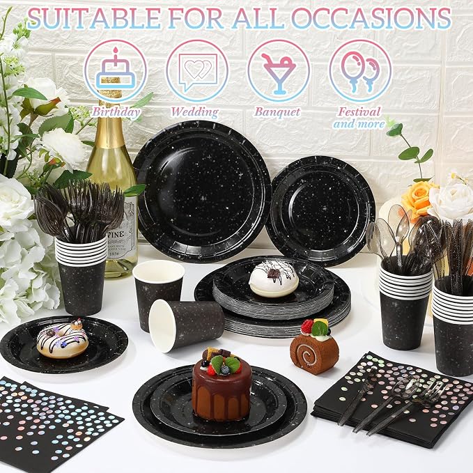 Hushee 175 Pcs 25 Guests Black Paper Party Plates and Cups Napkins Sets Holographic Glitter Disposable Dinnerware Plastic Forks Knives Spoons Birthday Bachelorette Wedding Party Supplies