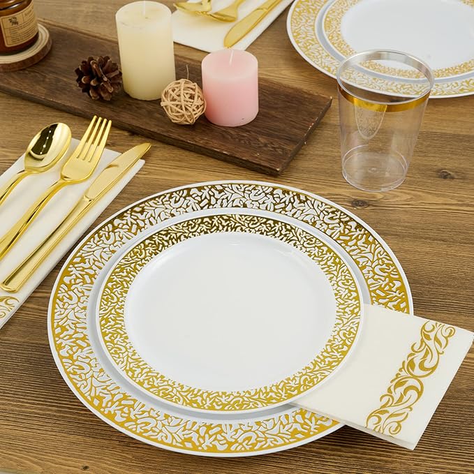 FOCUSLINE 350 Ct Gold Dinnerware Set for 50 Guests, Gold Lace Plastic Plates Disposable Heavy Duty, Including 50 Dinner & Dessert Plates, Cups, Napkins, Cutlery Set