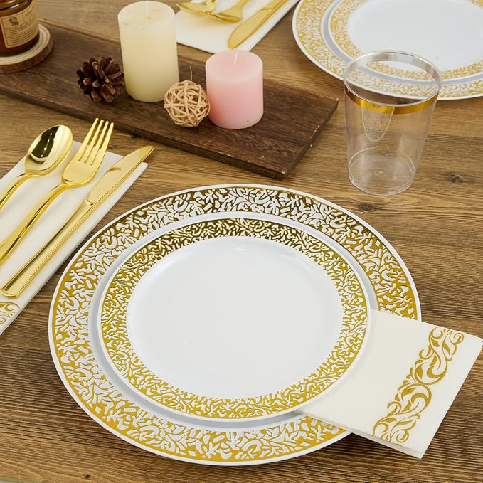 FOCUSLINE Gold Plastic Plates Set of 102, Disposable Plates with Gold Lace 51 Dinner Plate 10.25 Inch & 51 Salad Dessert Appetizer Plate 7.5 Inch, Elegant Fancy Heavy Duty Wedding Party Plates